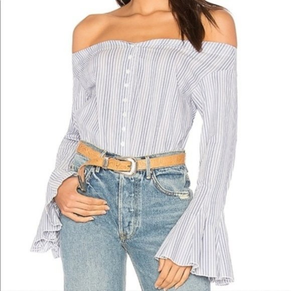 Free People Tops - Free People Off Shoulder Bell Sleeve Button Down White Blue Stripe Size S